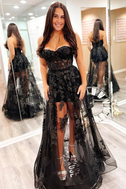 A-Line Strapless Black Lace Real Made 3D Floral Long Prom Dresses