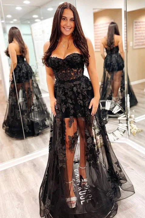A-Line Strapless Black Lace Real Made 3D Floral Long Prom Dresses