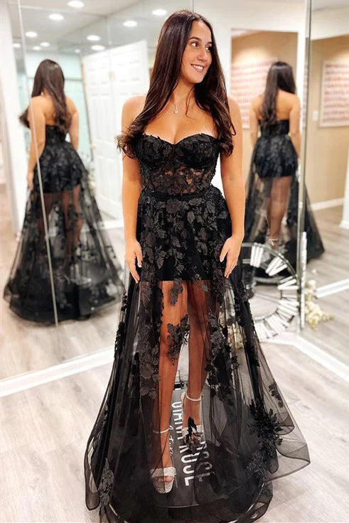 A-Line Strapless Black Lace Real Made 3D Floral Long Prom Dresses