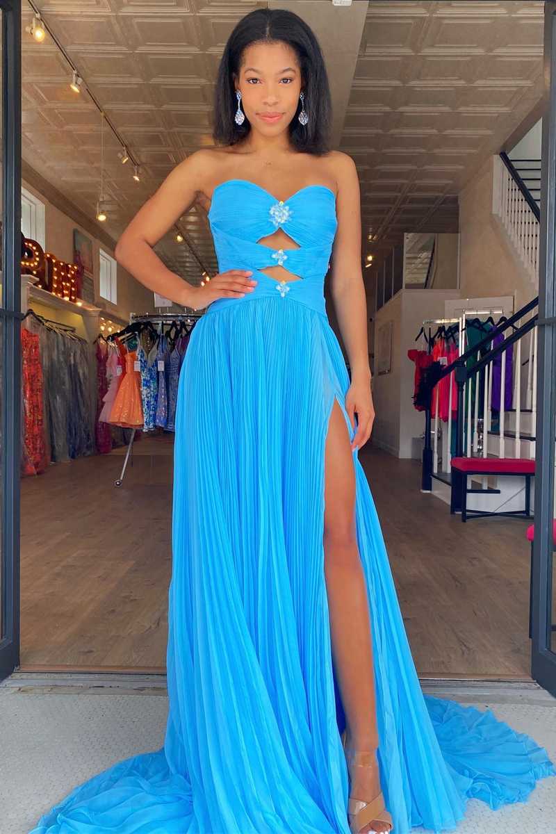 Charming A Line Sweetheart Chiffon Prom Dresses with slit beades