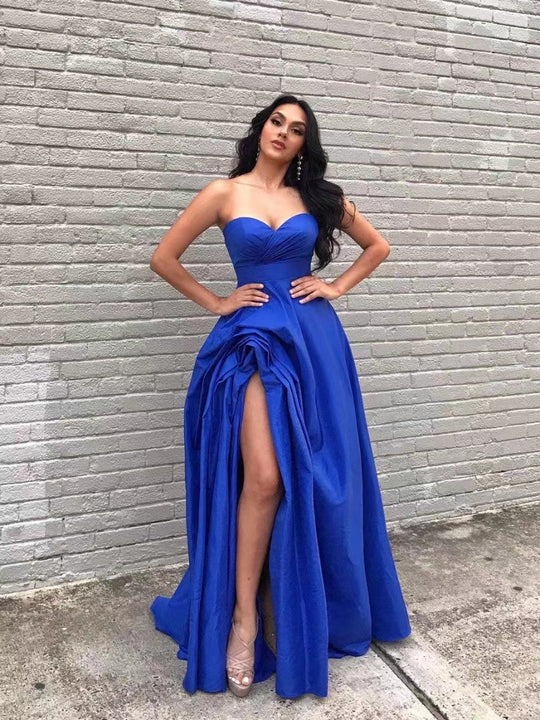 Sleeveless A-Line Strapless Slit Evening Dress Long Prom Dress