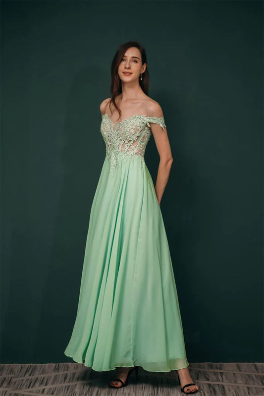 Off The Shoulder Long Chiffon Prom Dresses With Appliques