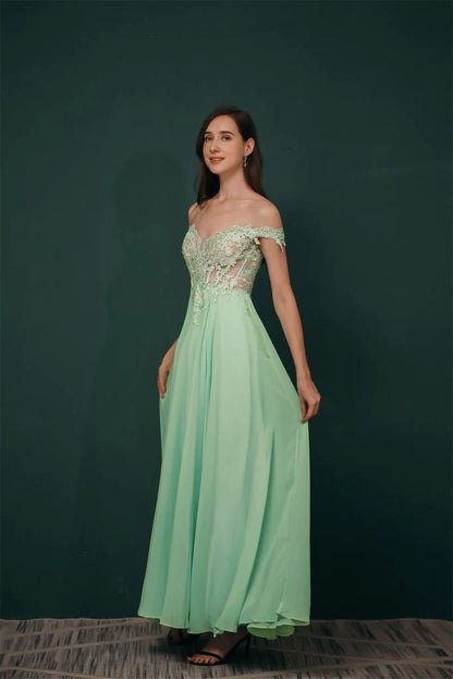 Off The Shoulder Long Chiffon Prom Dresses With Appliques