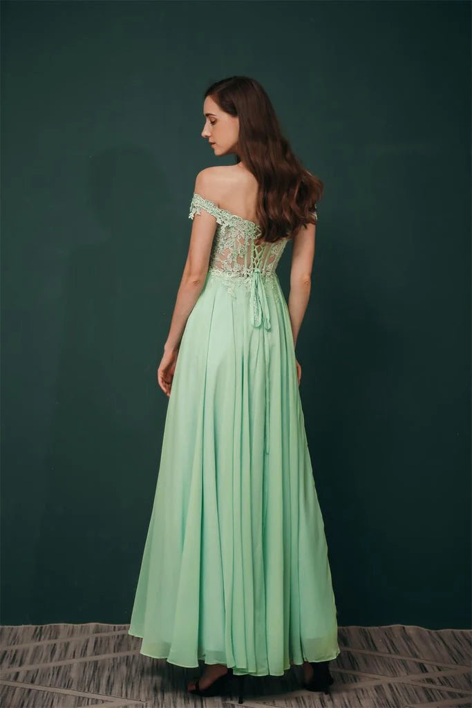 Off The Shoulder Long Chiffon Prom Dresses With Appliques
