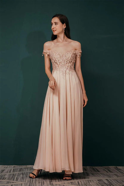 Off The Shoulder Long Chiffon Prom Dresses With Appliques