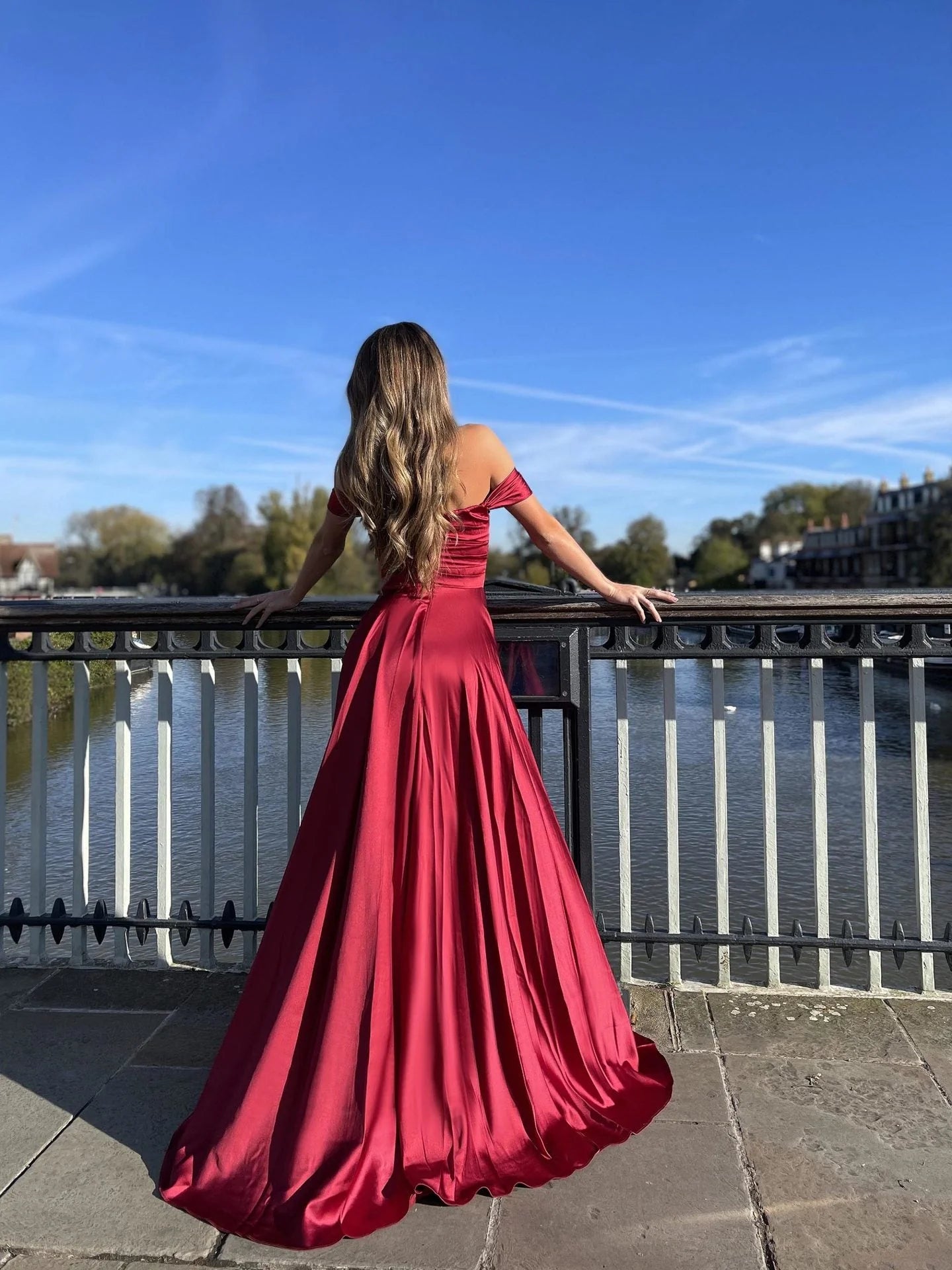 Charming Off The Shoulder Long Slit Burgundy Simple Prom Dresses