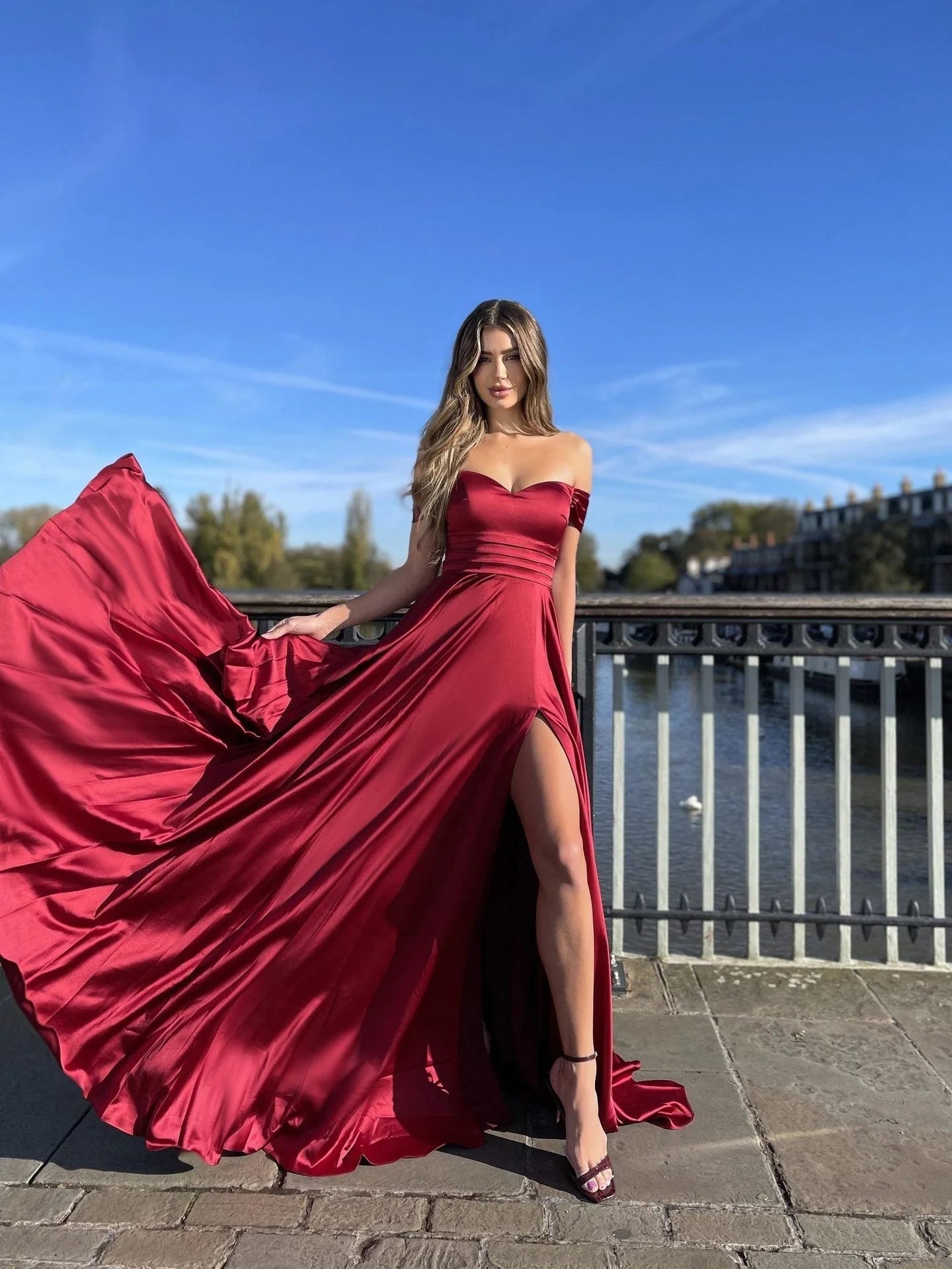 Charming Off The Shoulder Long Slit Burgundy Simple Prom Dresses