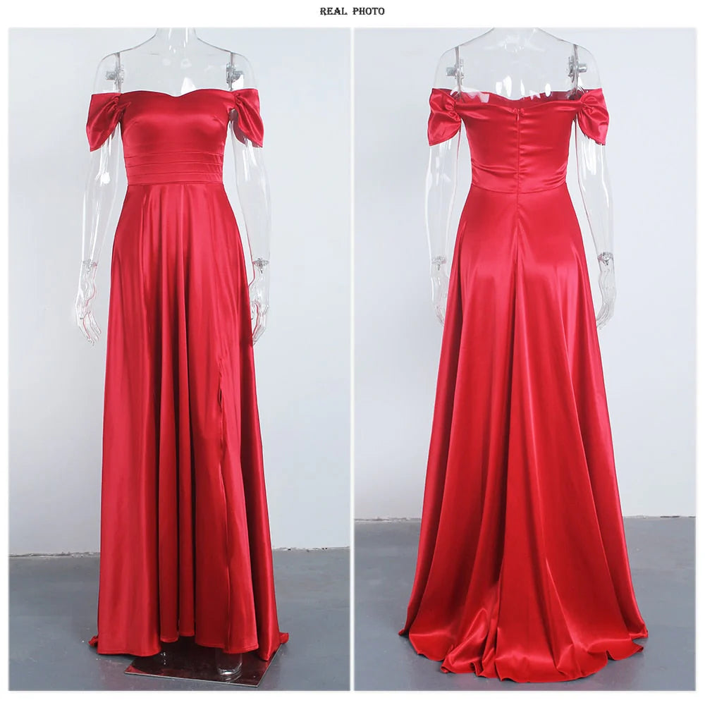 Charming Off The Shoulder Long Slit Burgundy Simple Prom Dresses