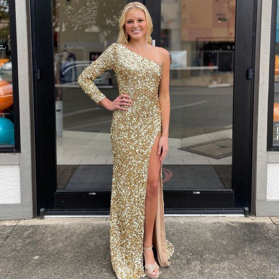 Charming One Shoulder Long Simple Cheap Sequin Mermaid Prom Dresses