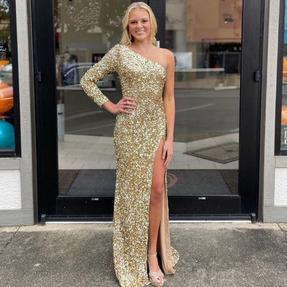 Charming One Shoulder Long Simple Cheap Sequin Mermaid Prom Dresses