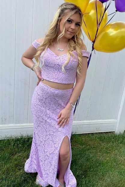 Charming Two Pieces Mermaid Prom Dress Lace Off Shoulder Slit Evening Dress