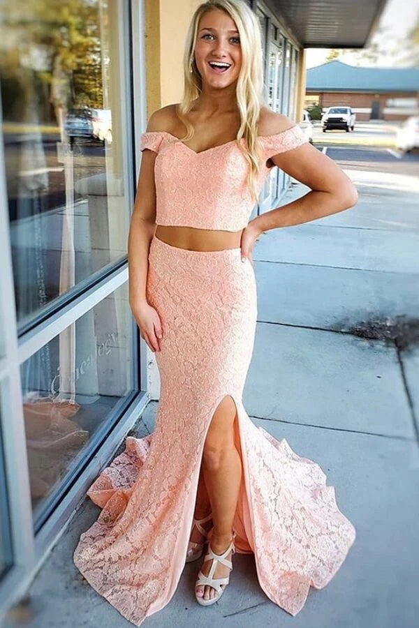 Charming Two Pieces Mermaid Prom Dress Lace Off Shoulder Slit Evening Dress