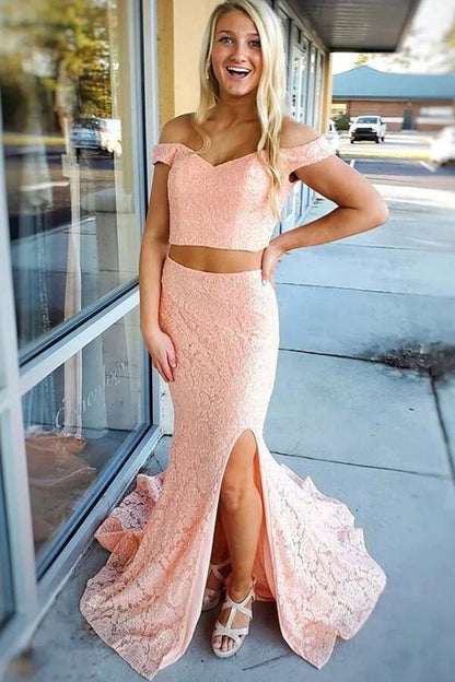 Charming Two Pieces Mermaid Prom Dress Lace Off Shoulder Slit Evening Dress