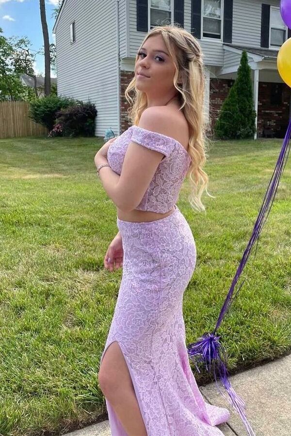 Charming Two Pieces Mermaid Prom Dress Lace Off Shoulder Slit Evening Dress