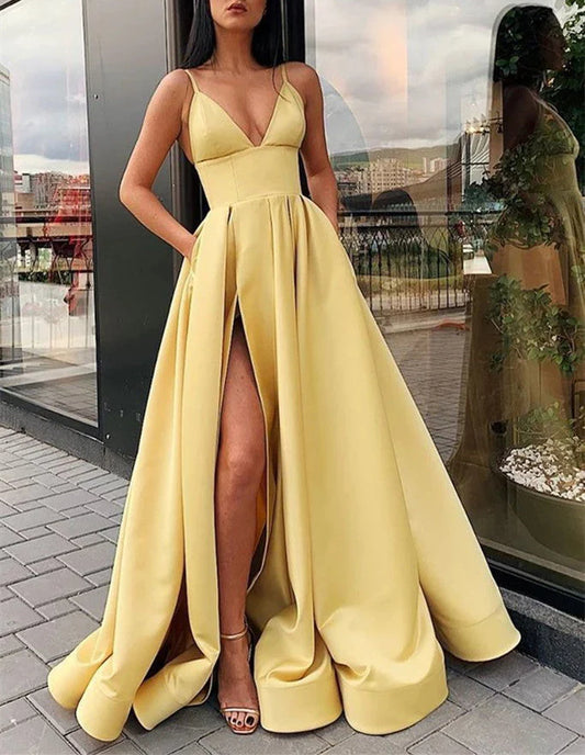 A Line Satin Spaghetti Straps V Neck Prom Dresses With Pockets High Slit Formal Dress