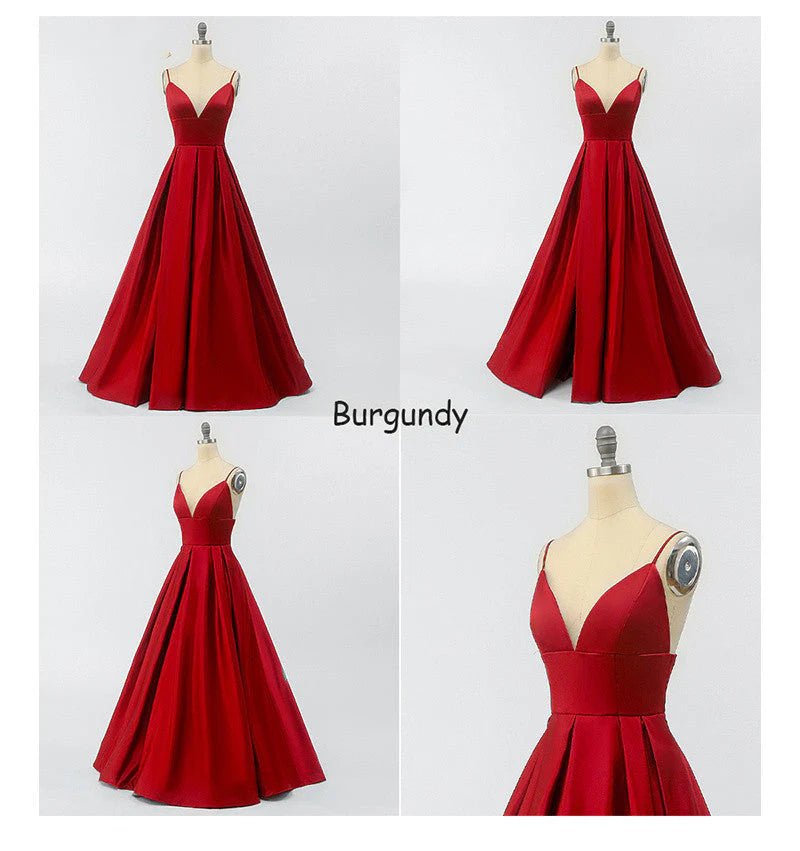 A Line Satin Spaghetti Straps V Neck Prom Dresses With Pockets High Slit Formal Dress