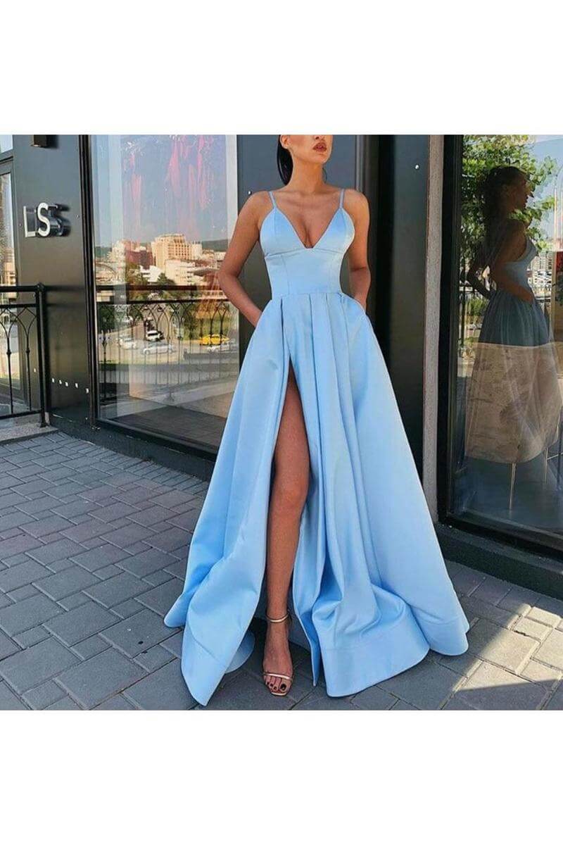 A Line Satin Spaghetti Straps V Neck Prom Dresses With Pockets High Slit Formal Dress