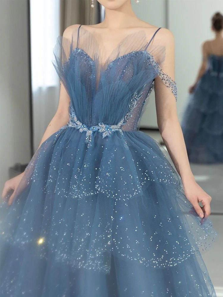 A Line Tulle Sweetheart Off the Shoulder Beads Open Back Prom Dresses