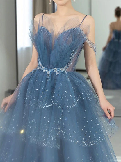 A Line Tulle Sweetheart Off the Shoulder Beads Open Back Prom Dresses