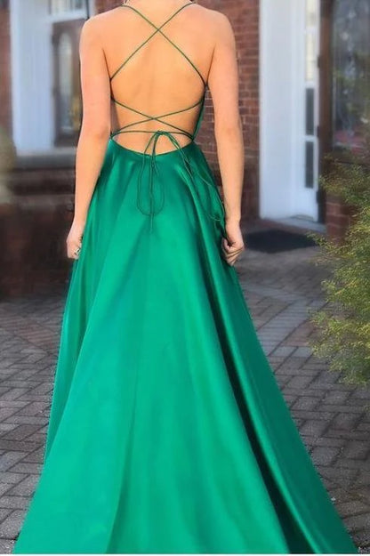 A line Criss-Cross Straps Prom Dresses Long Evening Dresses