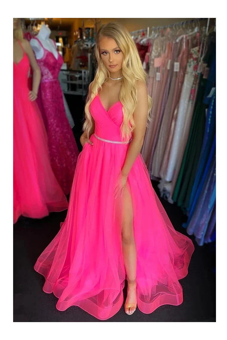 Cheap Backless Tulle Spaghetti Straps Long Prom Dresses With Split