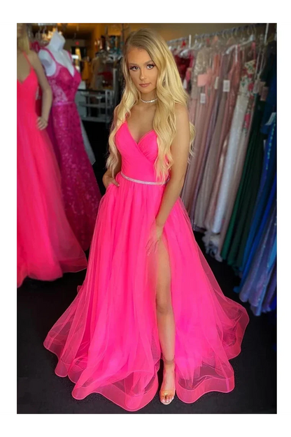 Cheap Backless Tulle Spaghetti Straps Long Prom Dresses With Split