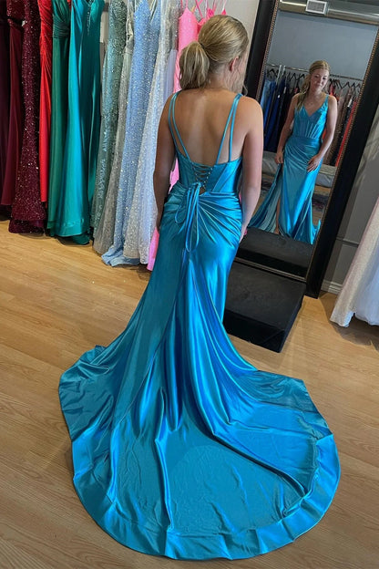 Cheap Floor-Length Sleeveless V-Neck Mermaid Backless Spaghetti Strap Prom Dresses