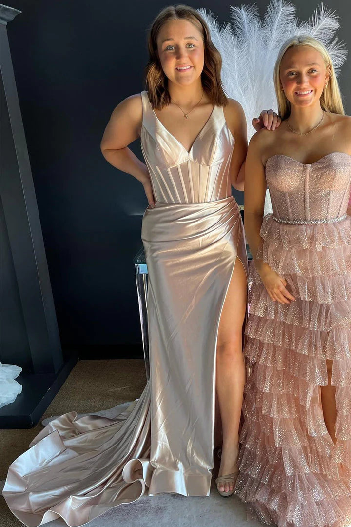 Cheap Floor-Length Sleeveless V-Neck Mermaid Backless Spaghetti Strap Prom Dresses