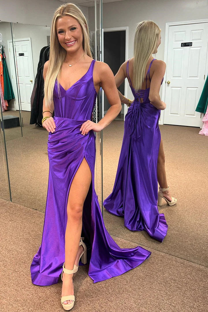 Cheap Floor-Length Sleeveless V-Neck Mermaid Backless Spaghetti Strap Prom Dresses