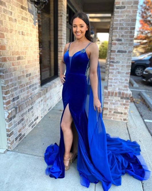 Mermaid V Neck Spaghetti Straps Royal Blue Clock Prom Dress with Beading
