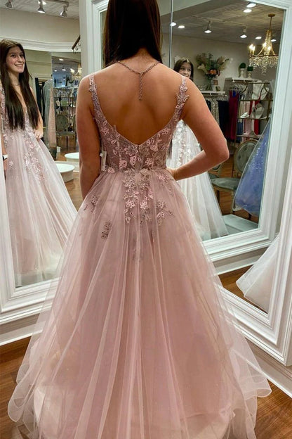 Cheap Tulle Long Prom Dresses Pink Floral V Neck Beaded Prom Dresses