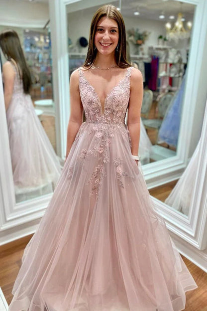 Cheap Tulle Long Prom Dresses Pink Floral V Neck Beaded Prom Dresses