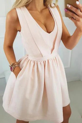 Cheap V Neck Satin Short Cocktail Dress with Pocket Open Back Homecoming Dresses