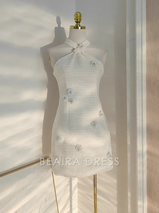 Beaira Cheap A line Halter White Satin Short Homecoming Dresses Birthday Outfits