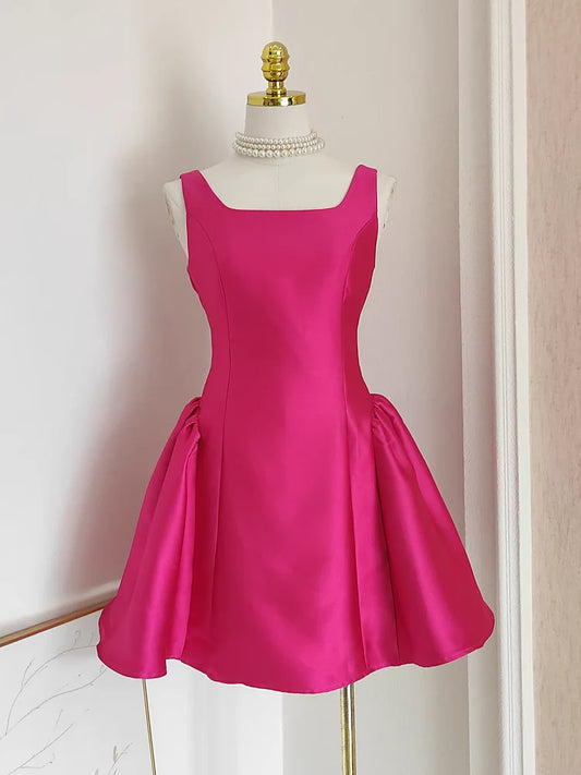 Beaira Cheap A line Straps Hot Pink Satin Short Homecoming Dresses Birthday Outfits