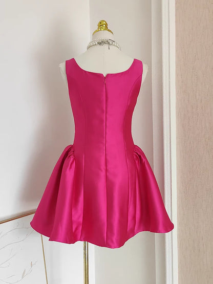 Beaira Cheap A line Straps Hot Pink Satin Short Homecoming Dresses Birthday Outfits
