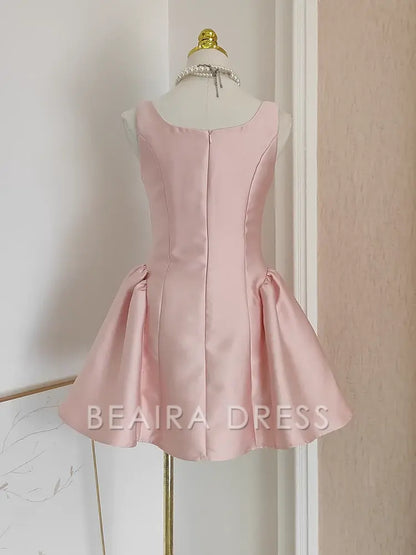 Beaira Cheap A line Straps Light Pink Satin Short Homecoming Dresses Birthday Outfits