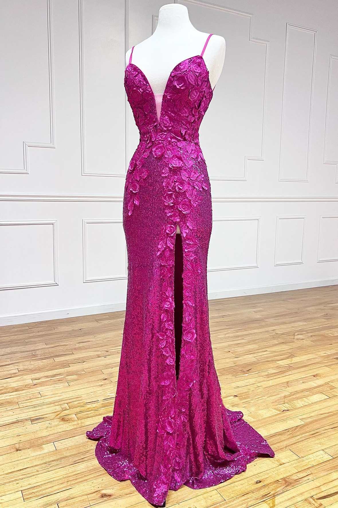 Chic Spaghetti Straps Long Front Split Prom Dresses Glitter Evening Dresses