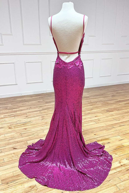 Chic Spaghetti Straps Long Front Split Prom Dresses Glitter Evening Dresses
