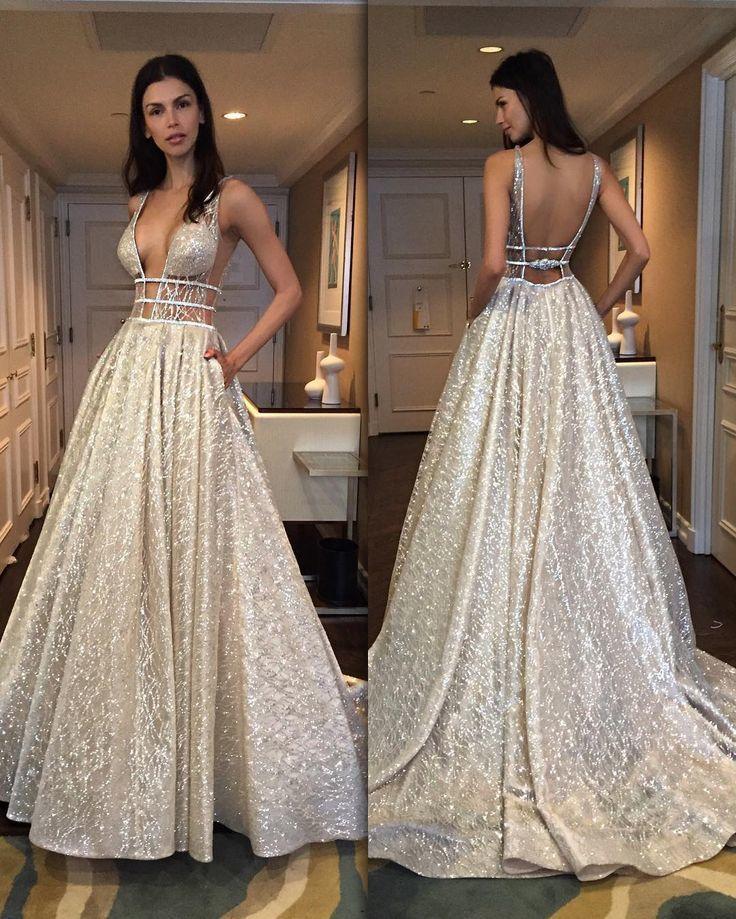 V Neck Straps Wedding Dress Sequin Long Prom Dresses