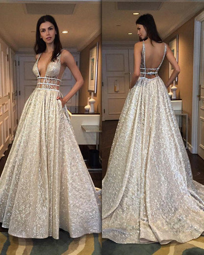 V Neck Straps Wedding Dress Sequin Long Prom Dresses