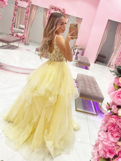 V Neck Tulle Sparkly Applique Ball Gown Asymmetrical Backless Prom Dresses
