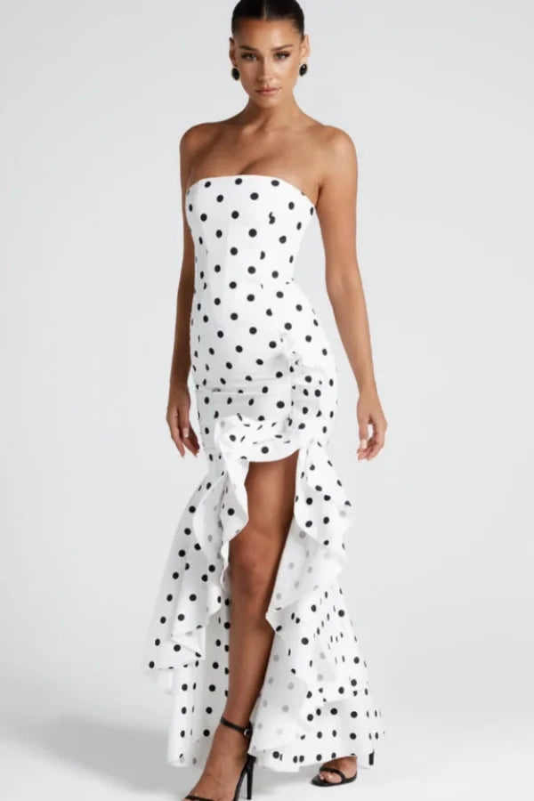 Chic Mermaid Strapless Polka Dot White Ruffle Prom Dress