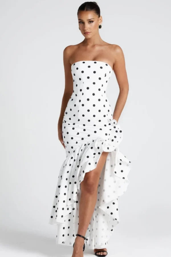 Chic Mermaid Strapless Polka Dot White Ruffle Prom Dress
