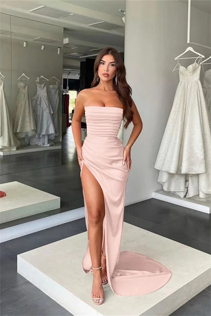 Chic Mermaid Strapless Ruched Satin Maxi Prom Dress