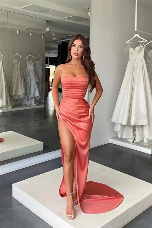 Chic Mermaid Strapless Ruched Satin Maxi Prom Dress