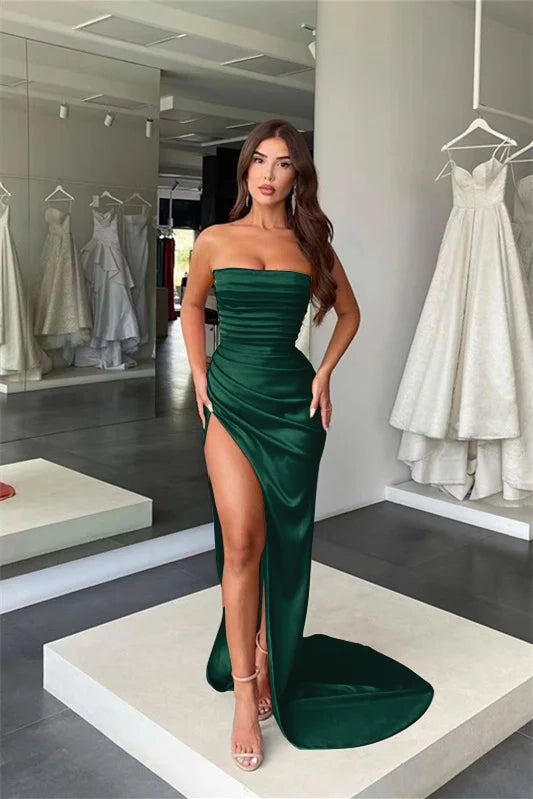 Chic Mermaid Strapless Ruched Satin Maxi Prom Dress
