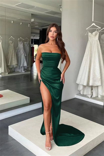 Chic Mermaid Strapless Ruched Satin Maxi Prom Dress