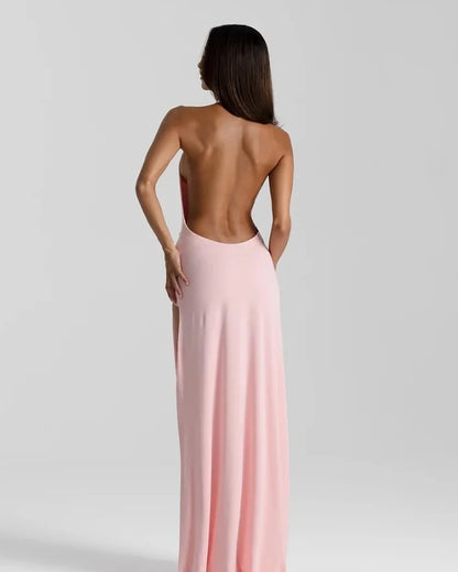 Chic Sheath Halter Sleeveless Draped Blush Floor-Length Prom Dress