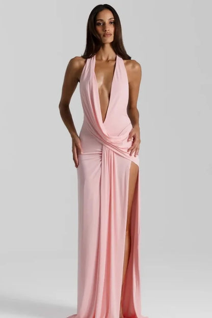 Chic Sheath Halter Sleeveless Draped Blush Floor-Length Prom Dress